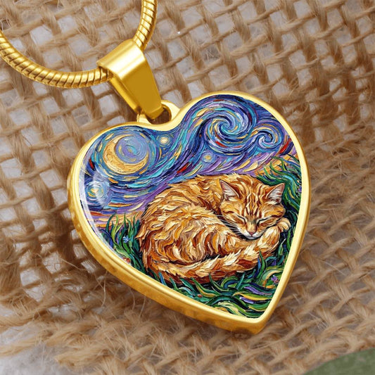 Sleepy Orange Tabby Night Heart Necklace