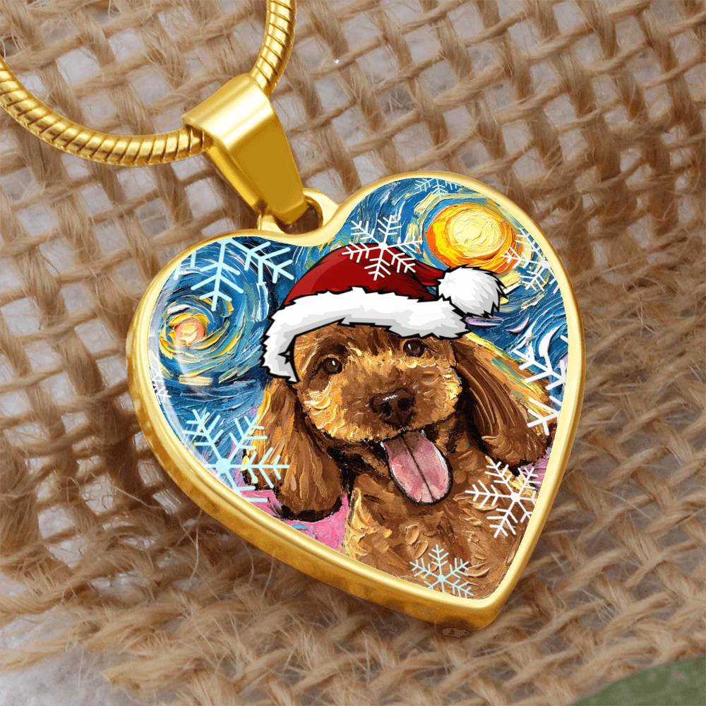 Apricot Poodle Puppy in Santa Hat Starry Night Heart Necklace