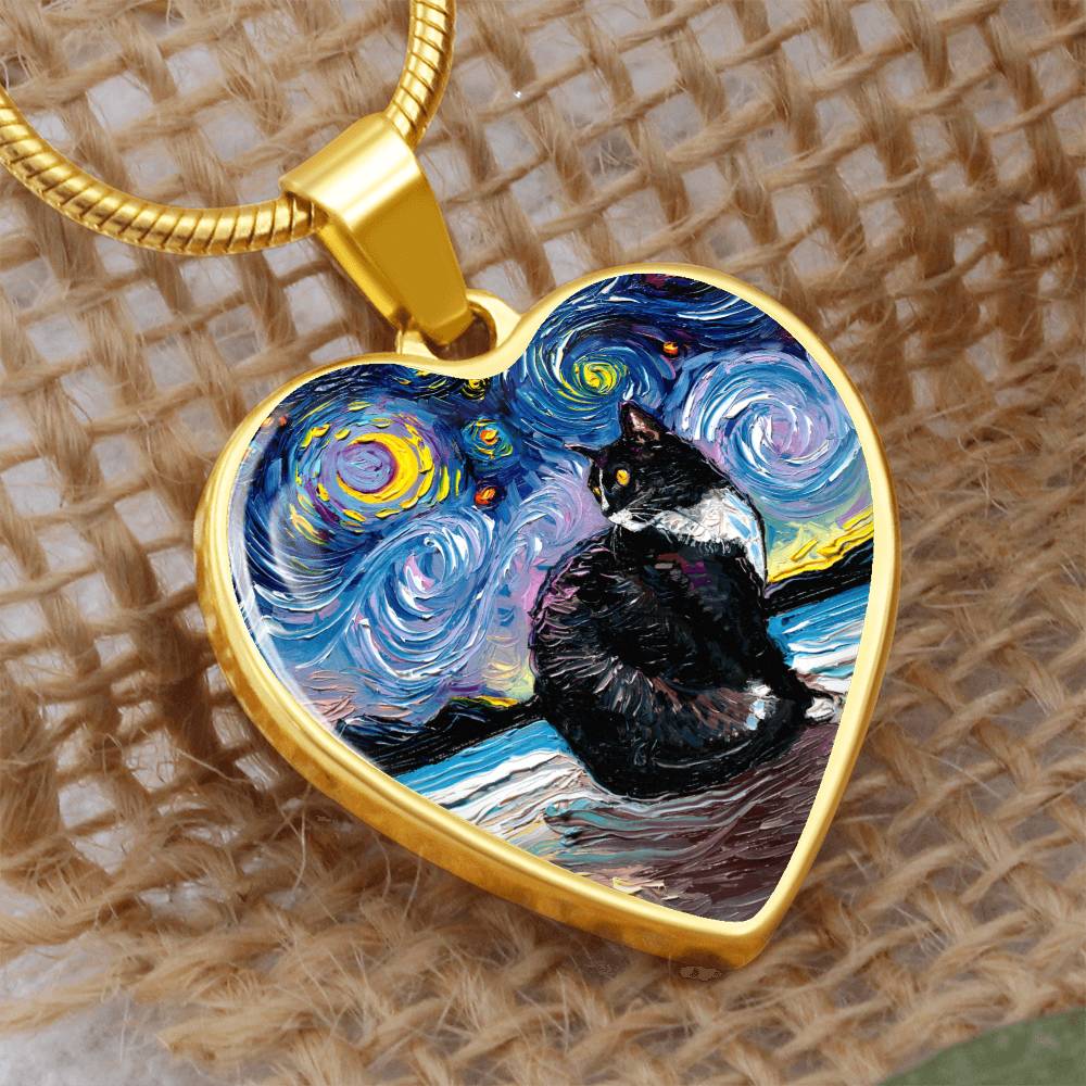 Tuxedo Cat with Yellow Eyes Starry Night Heart Necklace