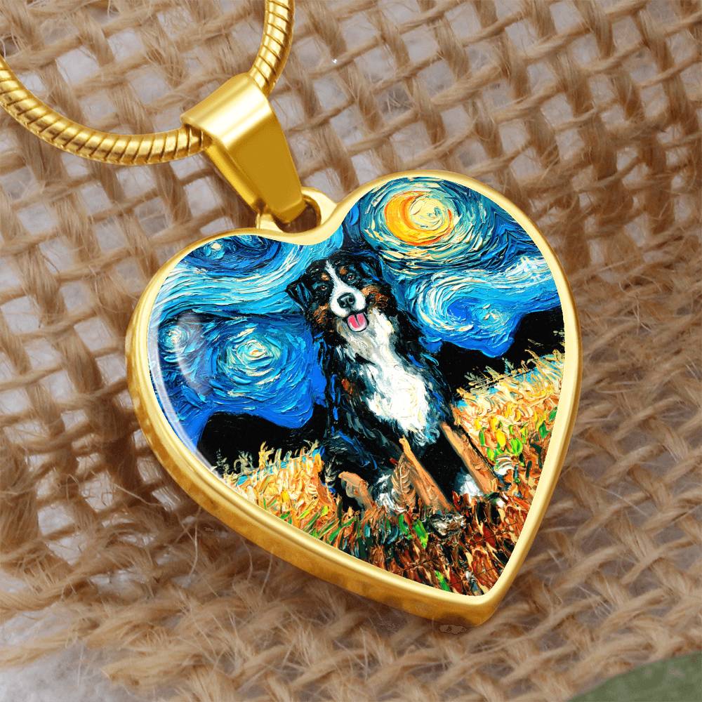 Bernese Mountain Dog Starry Night Heart Necklace