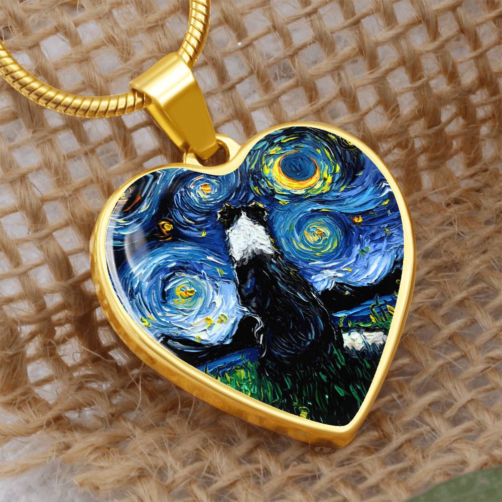 Border Collie Starry Night Heart Necklace