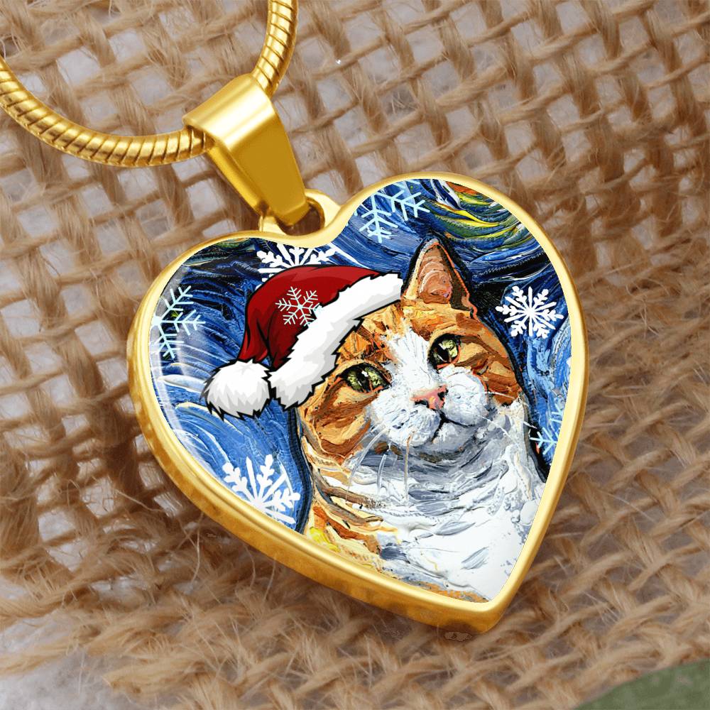 Orange Tuxedo Tabby Christmas Heart Necklace