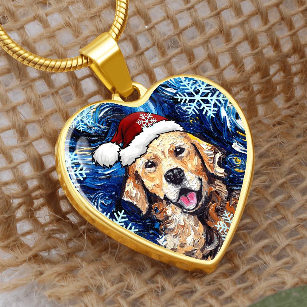 Golden Retriever in Santa Hat Starry Night Heart Necklace