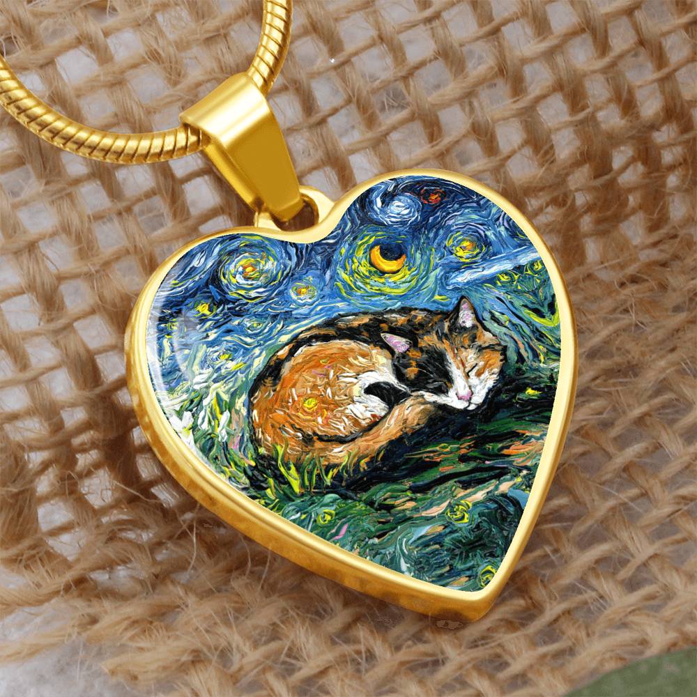 Sleeping Calico Cat Starry Night Heart Necklace