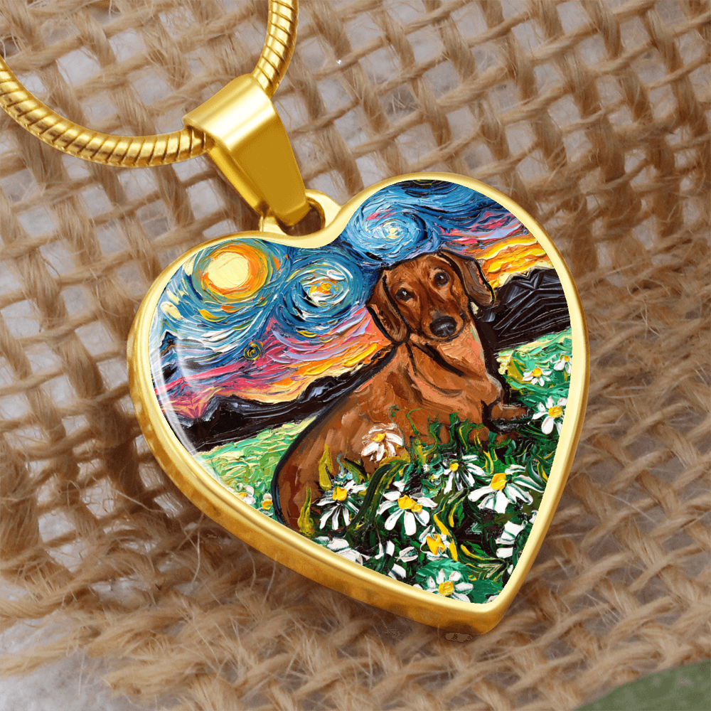 Brown Dachshund with Flowers Starry Night Heart Necklace