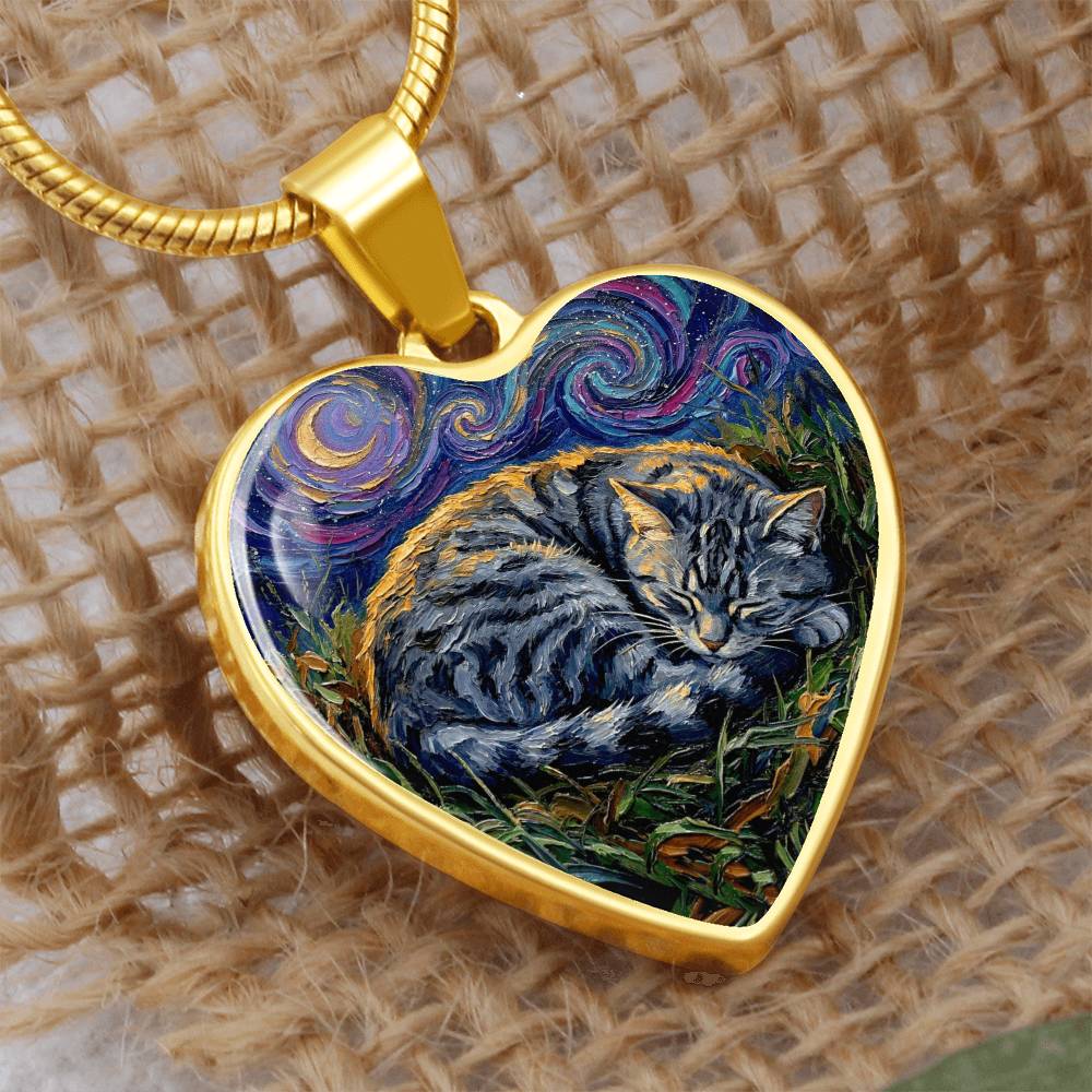Sleepy American Shorthair Tabby Heart Necklace