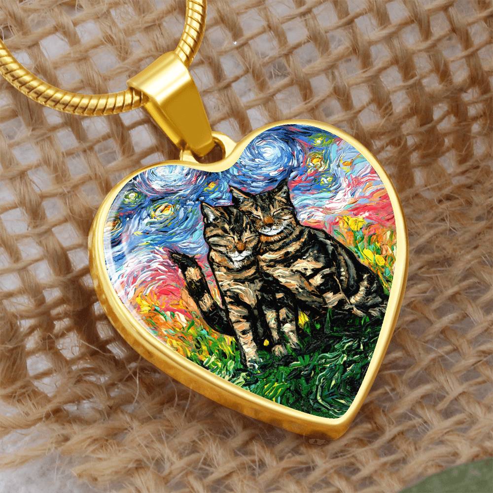 Two Tabby Cats Starry Night Heart Necklace