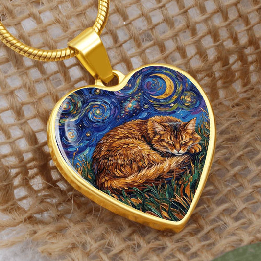Sleepy Somali Cat Night Heart Necklace