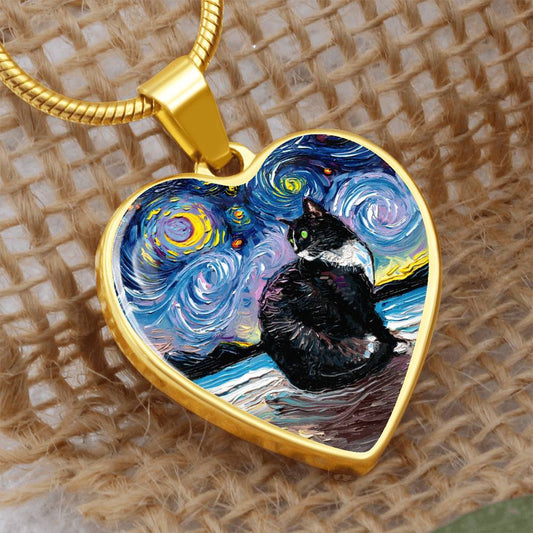 Tuxedo Cat with Yellow Eyes and White up nose Starry Night Heart Necklace