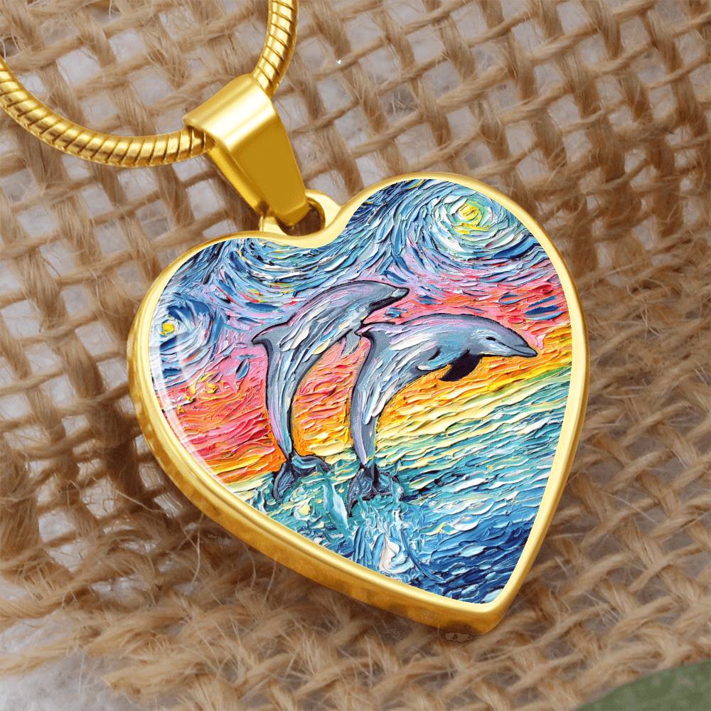 Dolphins Jumping Pastel Starry Night Heart Necklace
