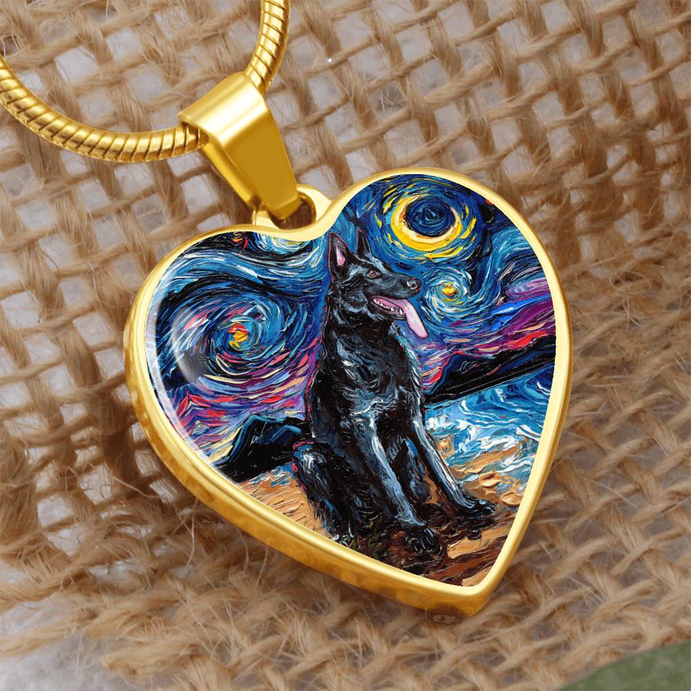 Black German Shepherd Starry Night Heart Necklace