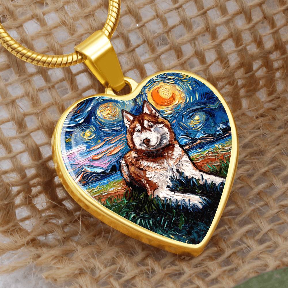Red and White Husky Starry Night Heart Necklace