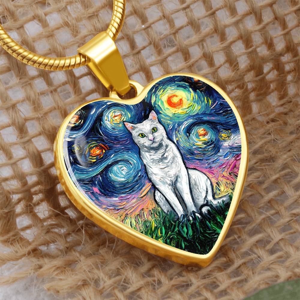 Seated White Cat Starry Night Heart Necklace