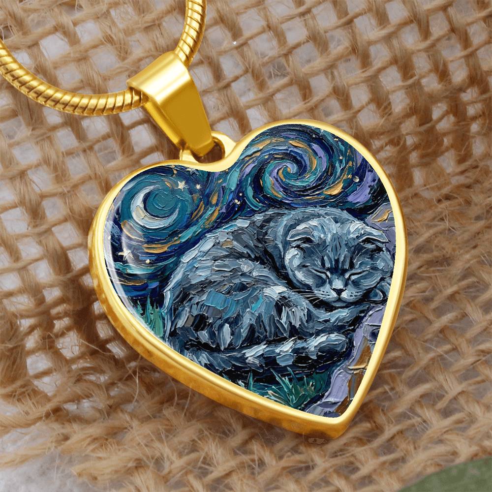 Sleepy Scottish Fold Heart Necklace