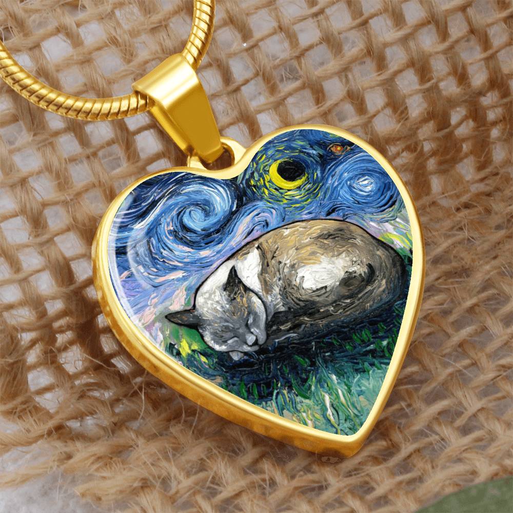 Sleeping Siamese Cat Starry Night Heart Necklace