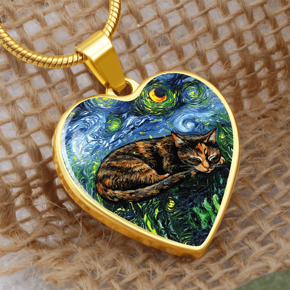 Sleepy Tortie Starry Night Heart Necklace