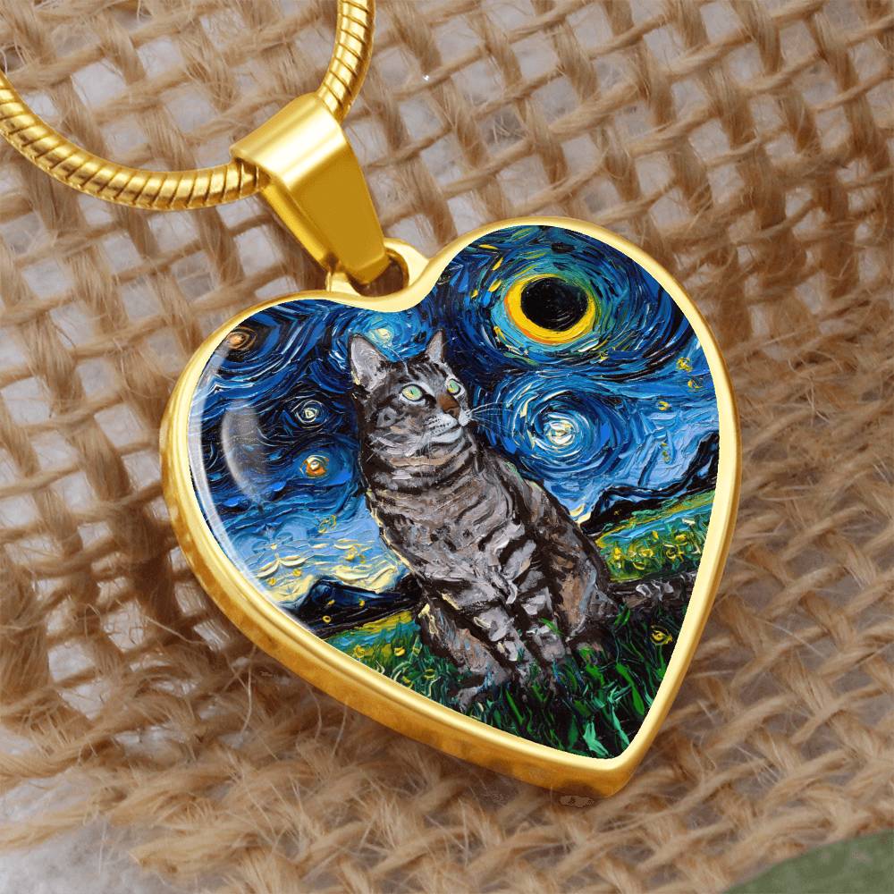 Tabby Cat Starry Night Heart Necklace