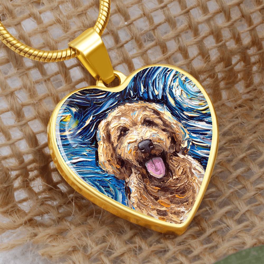 Goldendoodle Portrait Starry Night Heart Necklace