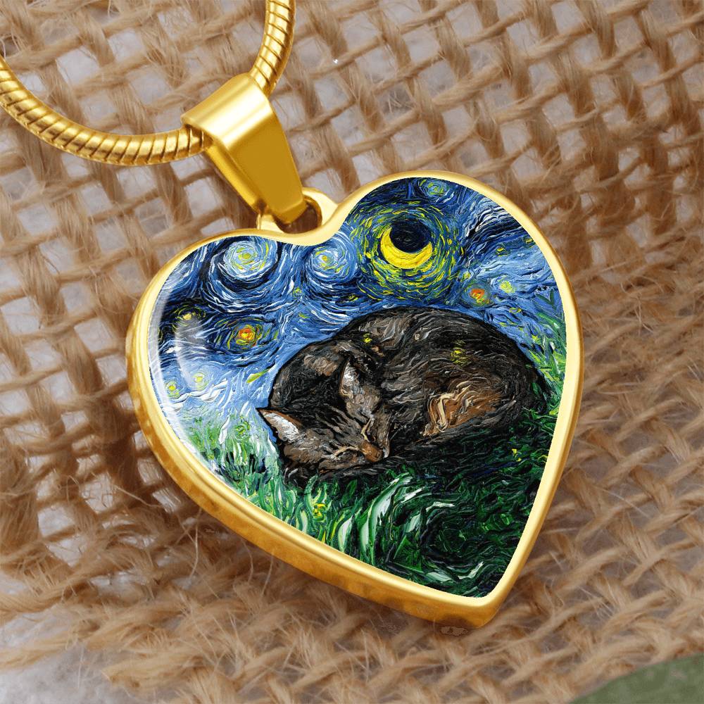 Sleeping Brown Tabby Starry Night Heart Necklace