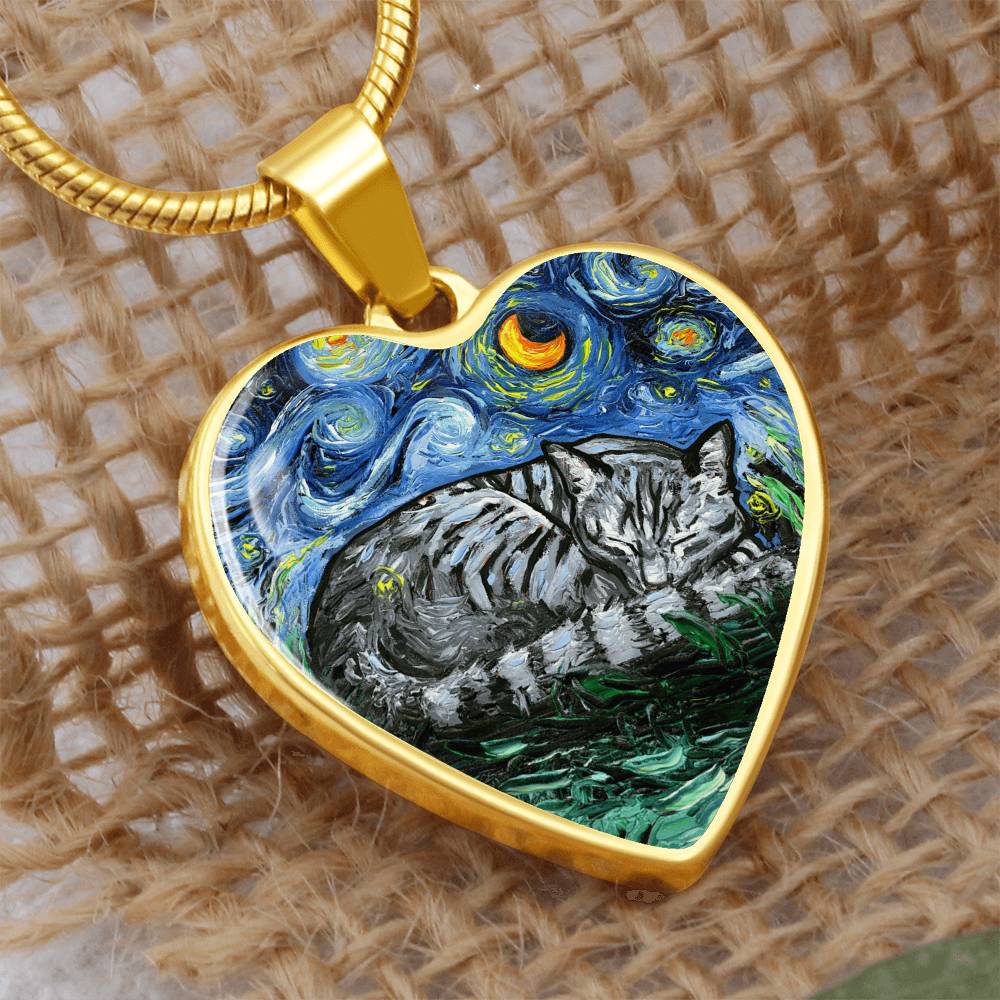 Sleeping Gray Tabby Cat Starry Night Heart Necklace