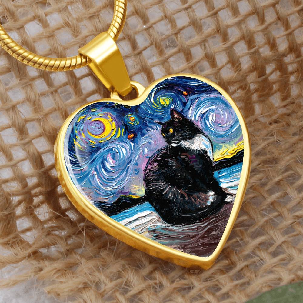 Tuxedo Cat with Yellow Eyes Starry Night Heart Necklace