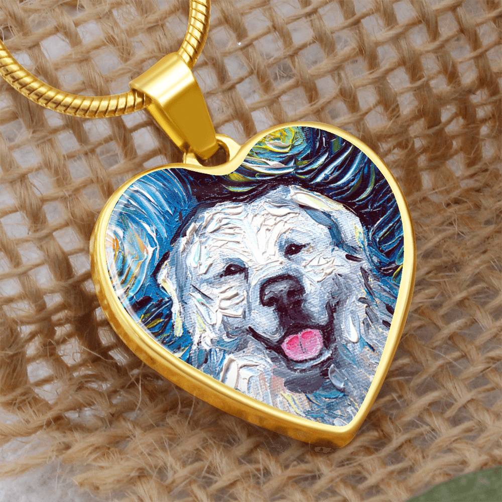 Great Pyrenees Portrait Starry Night Heart Necklace