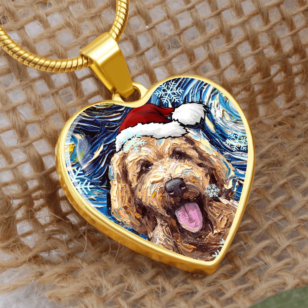 Goldendoodle in Santa Hat Starry Night Heart Necklace