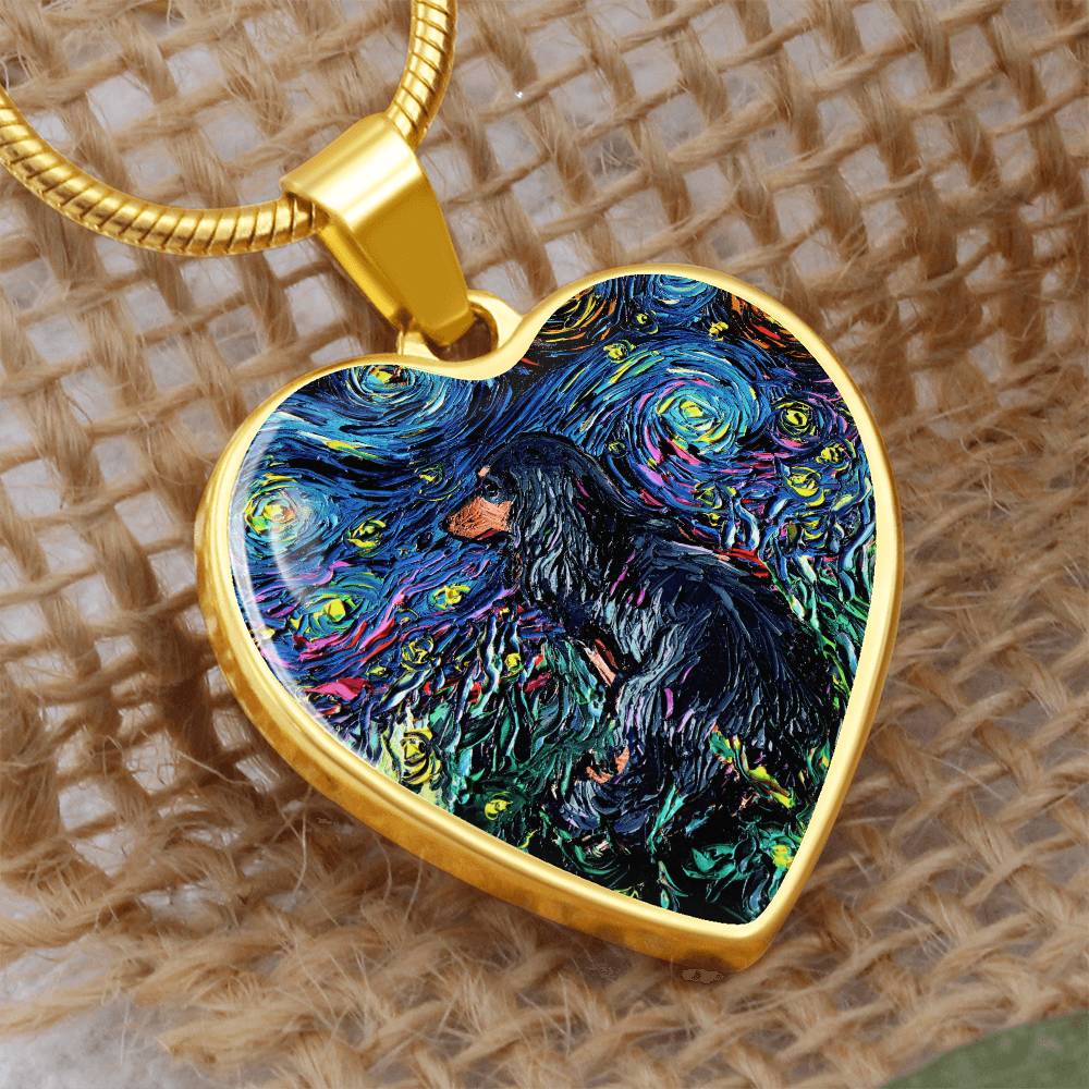 Black and Tan Long Hair Dachshund Starry Night Heart Necklace