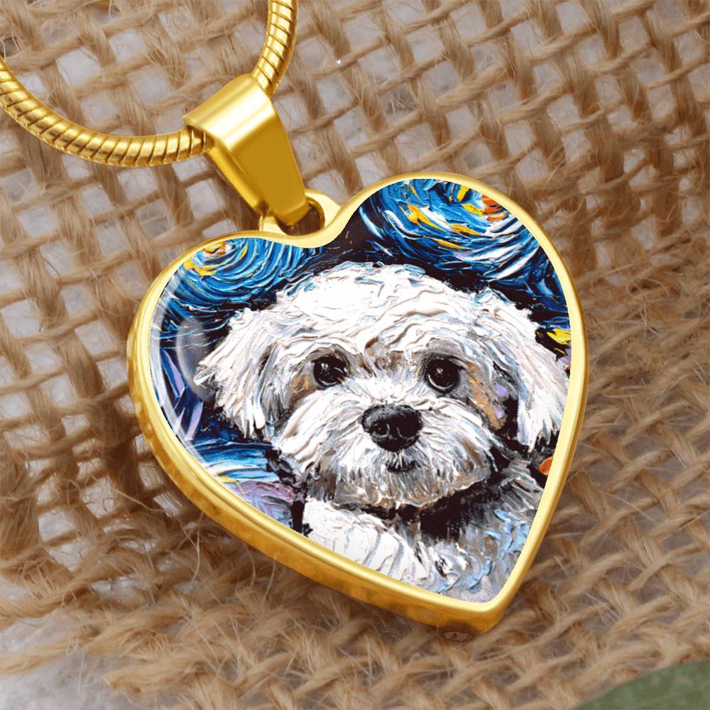Maltipoo Portrait Starry Night Heart Necklace
