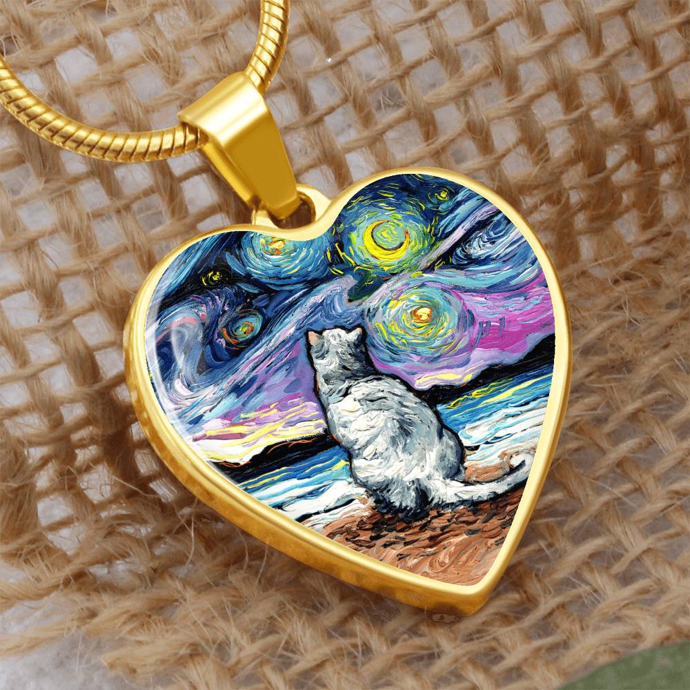 White Cat Beach Starry Night Heart Necklace