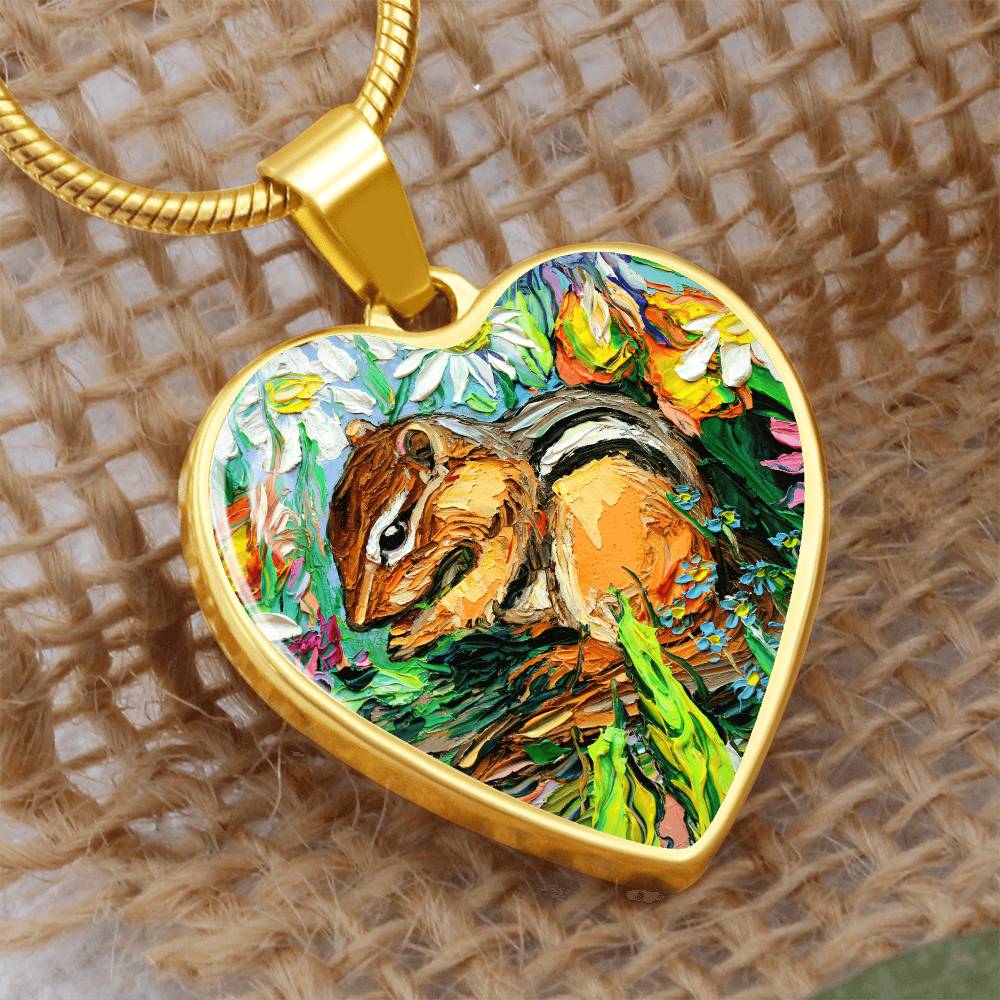 Chipmunk in Spring Garden Heart Necklace