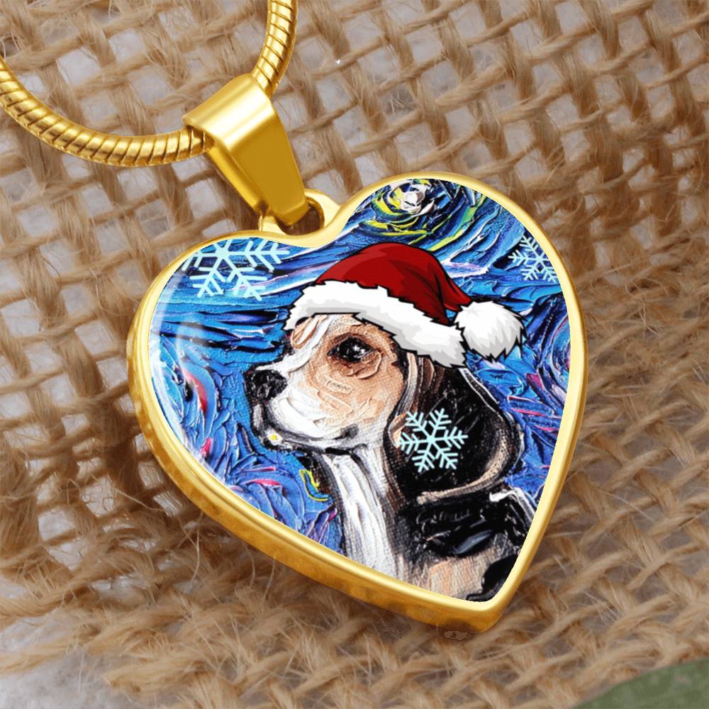 Beagle in Santa Hat Starry Night Heart Necklace