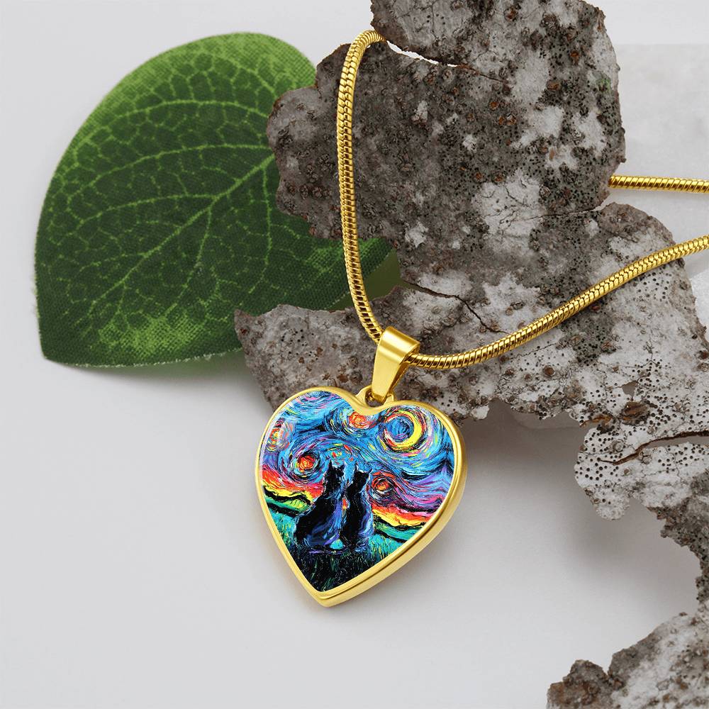 Van Gogh's Cats Starry Night Heart Necklace