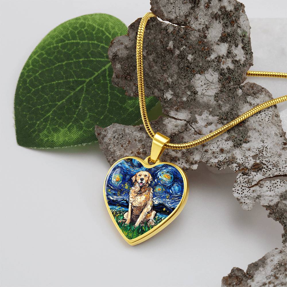 Golden Retriever Starry Night Heart Necklace