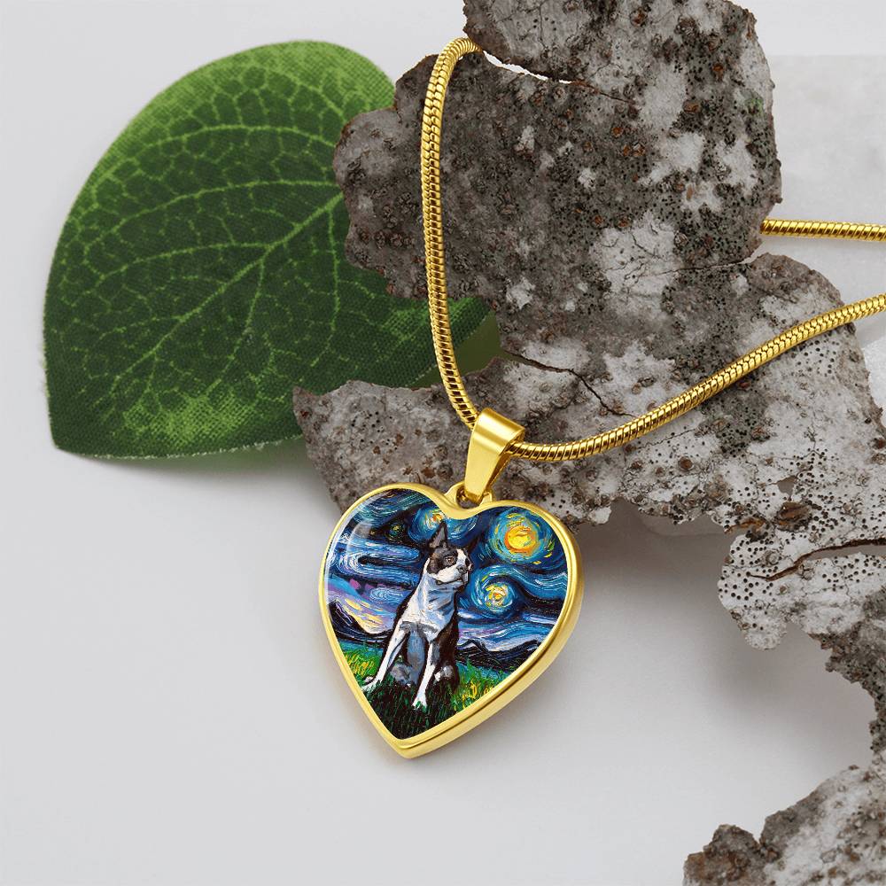 Boston Terrier Starry Night Heart Necklace