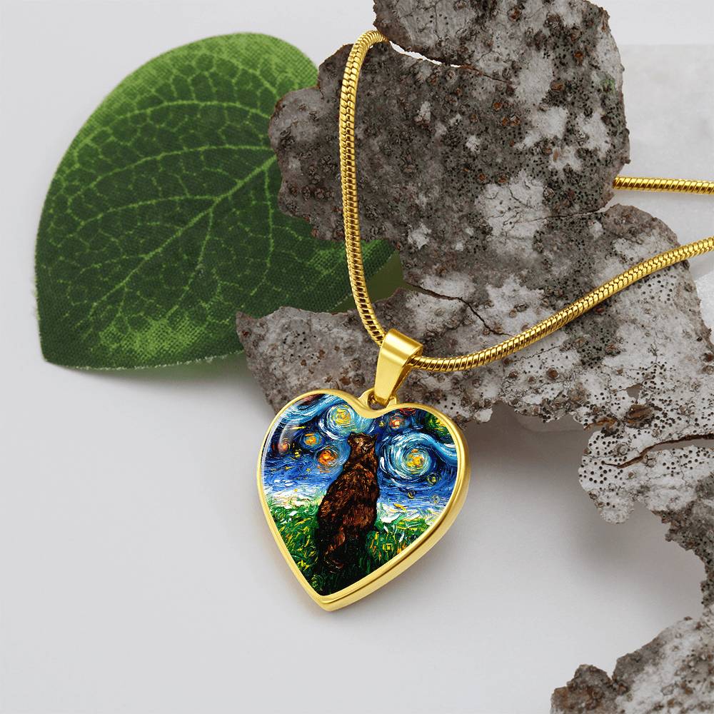 Tortoiseshell Cat Starry Night Heart Necklace