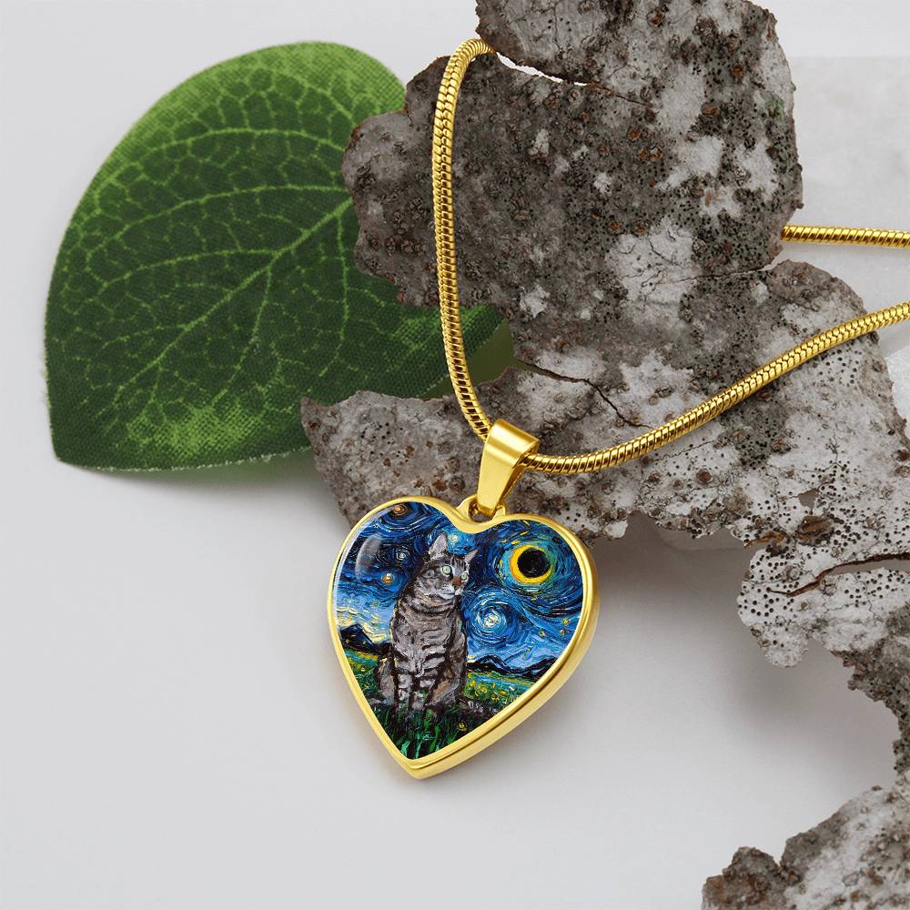 Tabby Cat Starry Night Heart Necklace
