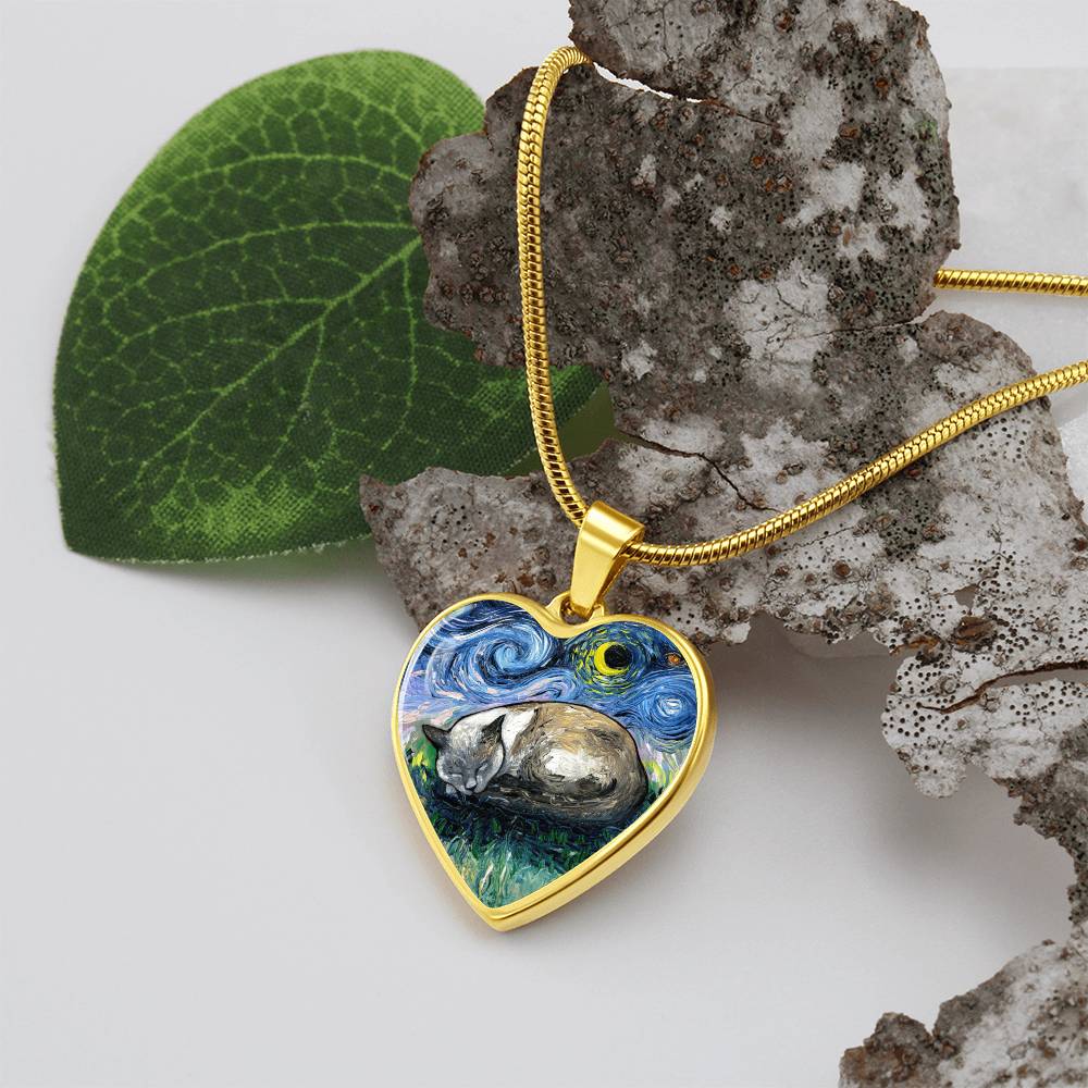 Sleeping Siamese Cat Starry Night Heart Necklace