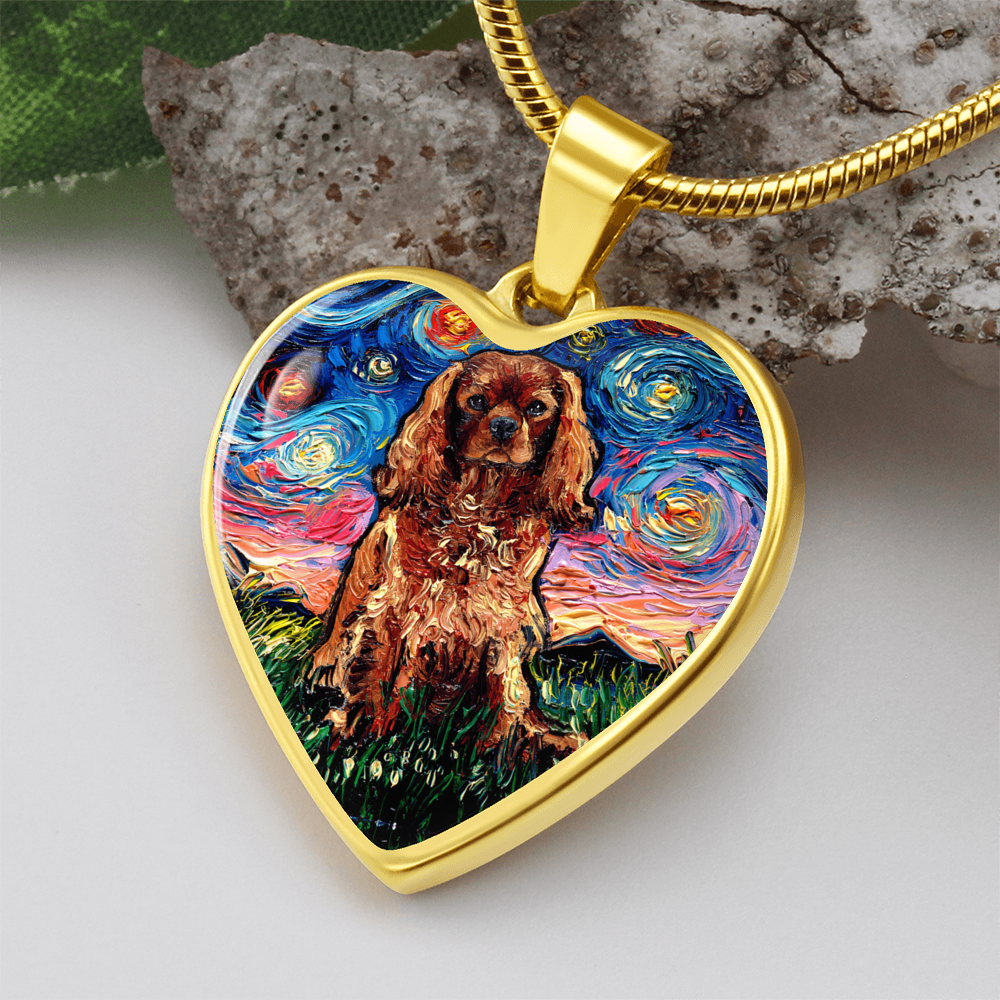 Ruby Cavalier King Charles Spaniel Starry Night Heart Necklace
