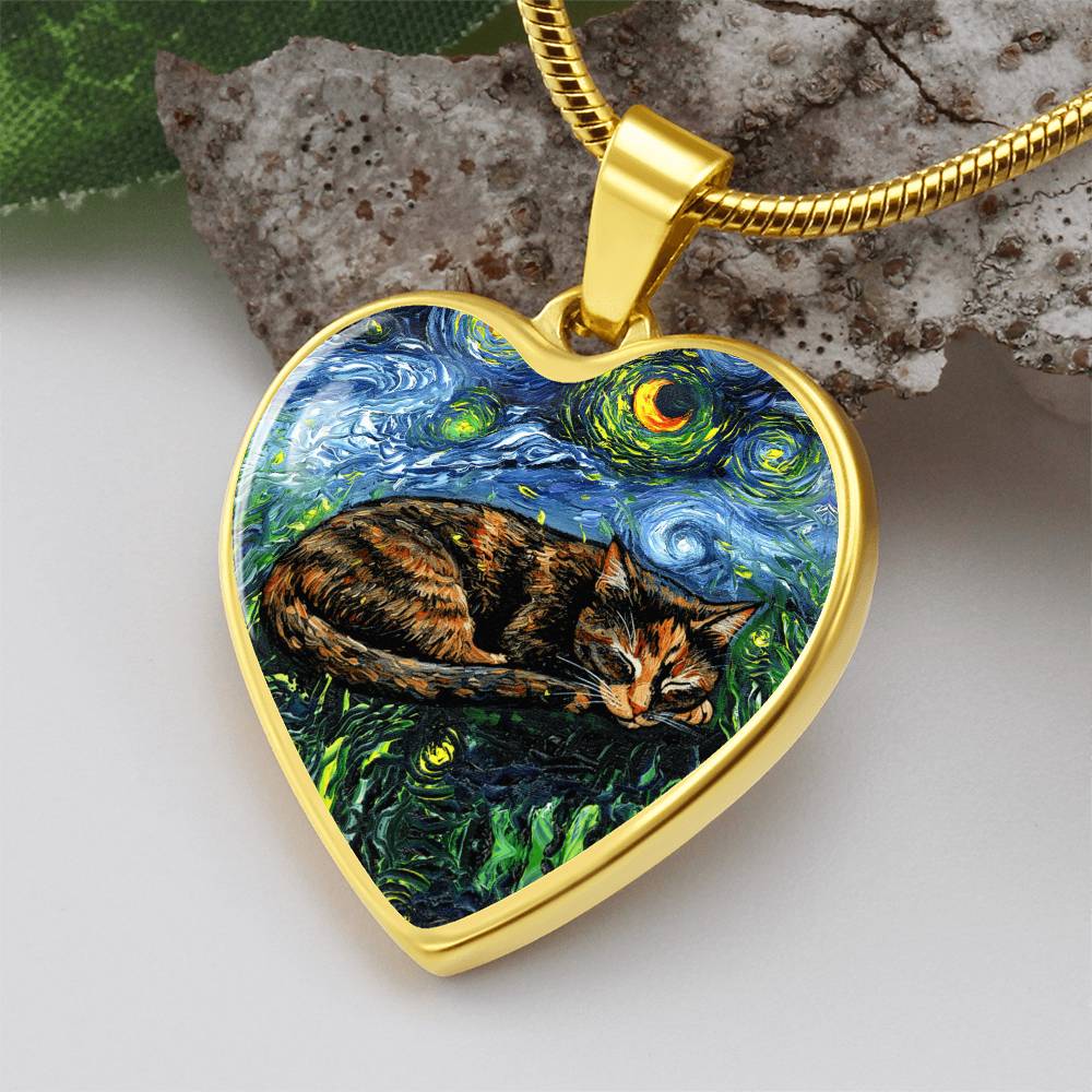 Sleepy Tortie Starry Night Heart Necklace