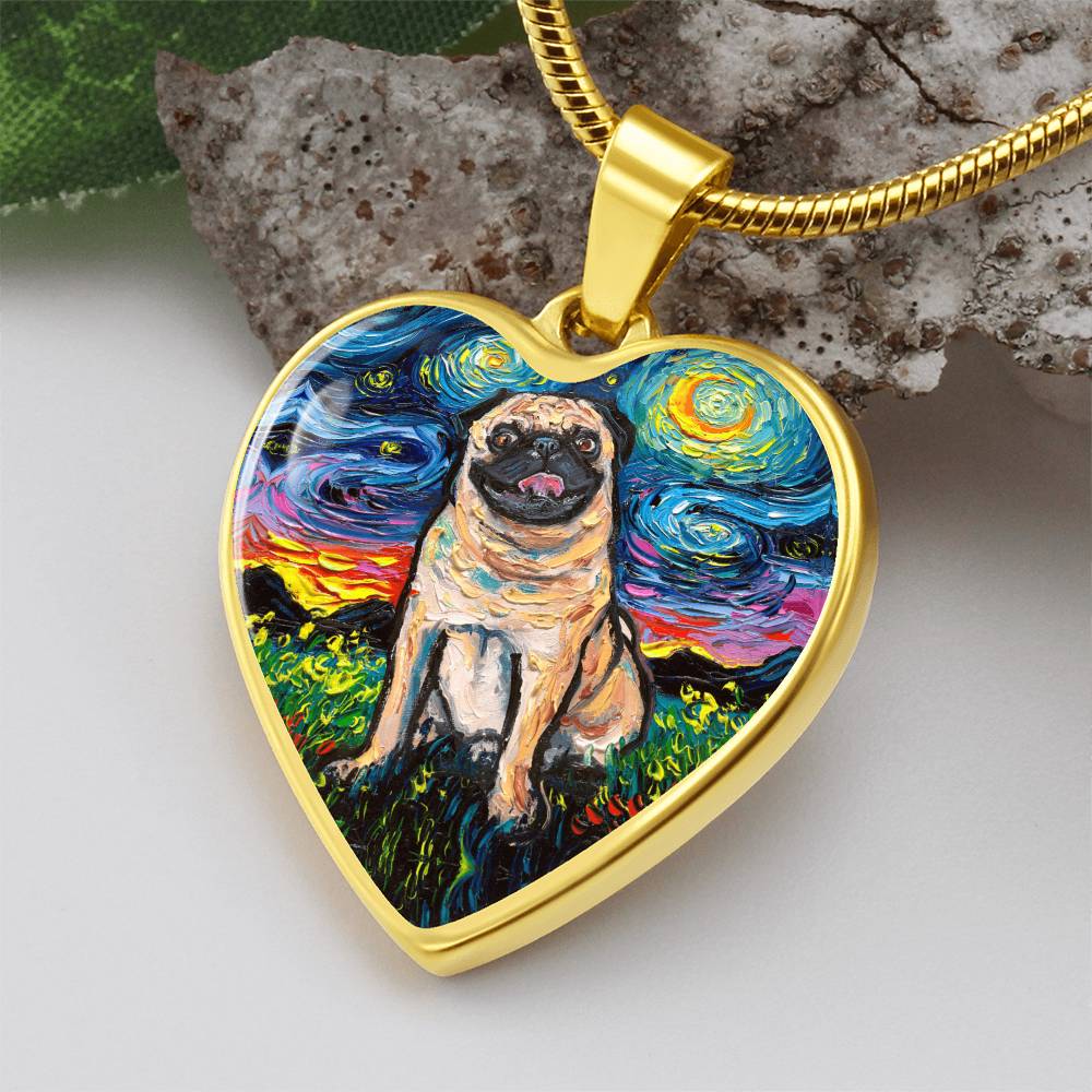Fawn Pug Starry Night Heart Necklace