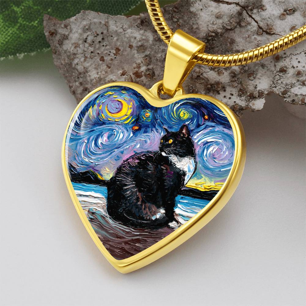 Tuxedo Cat with Yellow Eyes Starry Night Heart Necklace