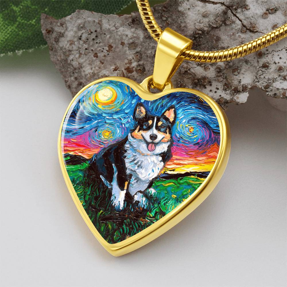 Tri Color Corgi Starry Night Heart Necklace