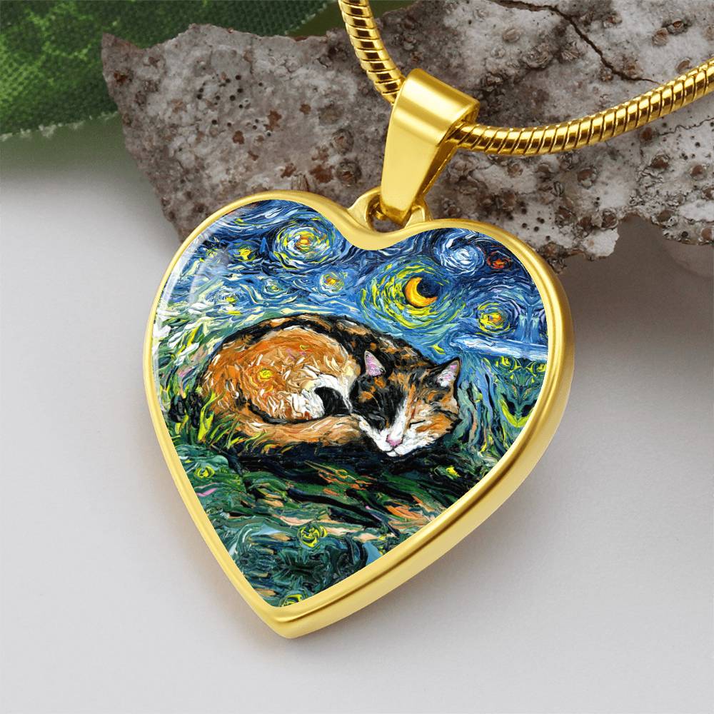 Sleeping Calico Cat Starry Night Heart Necklace