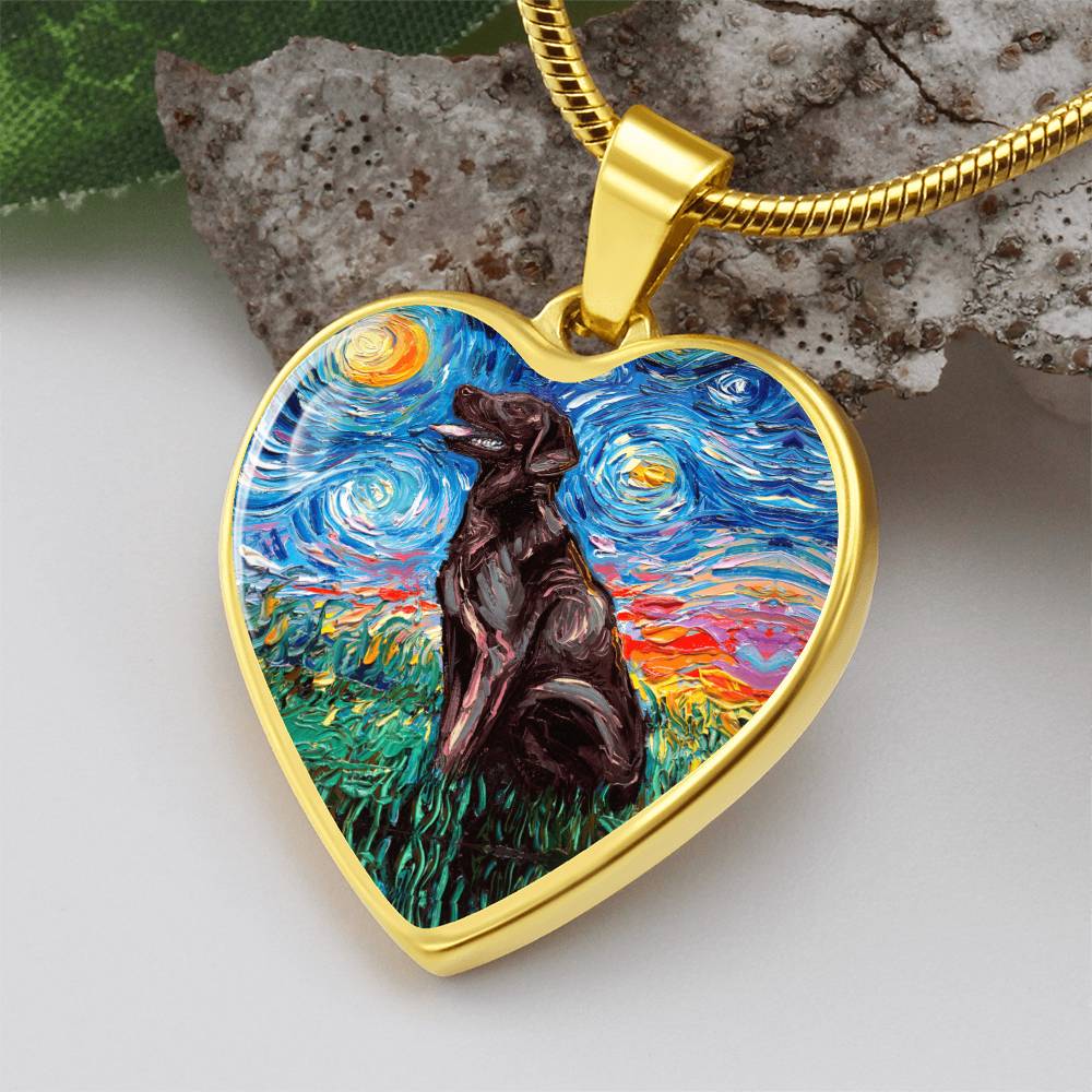 Chocolate Labrador Starry Night Heart Necklace
