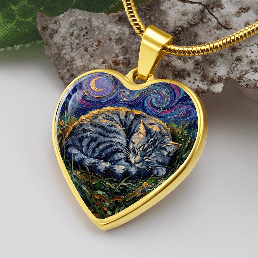 Sleepy American Shorthair Tabby Heart Necklace