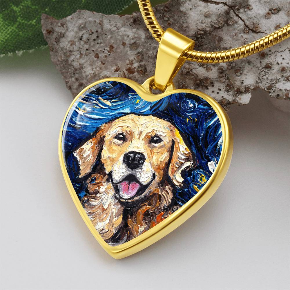 Golden Retriever Portrait Starry Night Heart Necklace