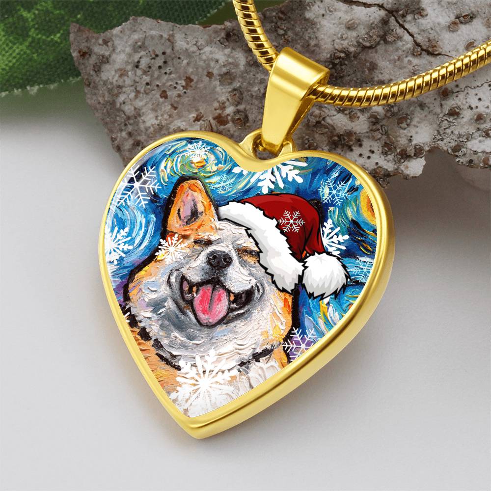 Smiling Corgi Christmas Heart Necklace