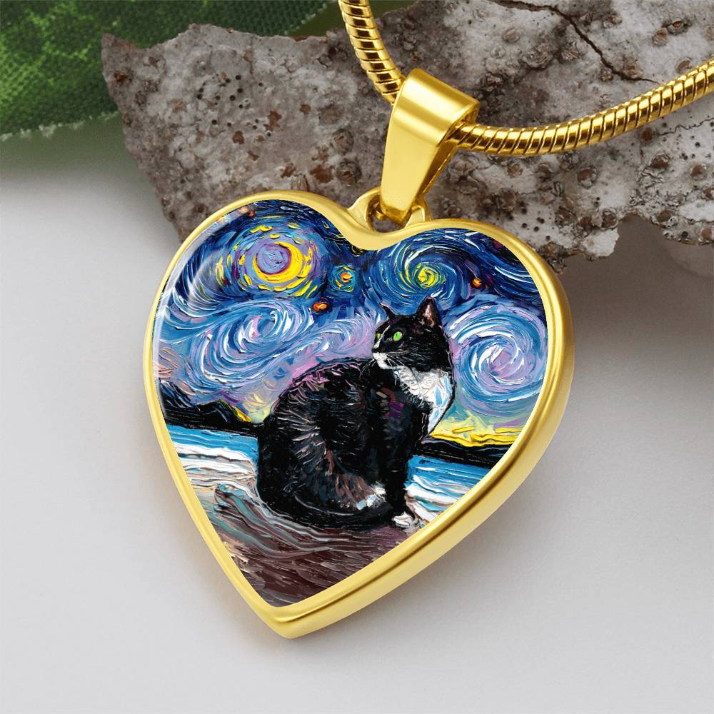 Tuxedo Cat with Yellow Eyes and White up nose Starry Night Heart Necklace