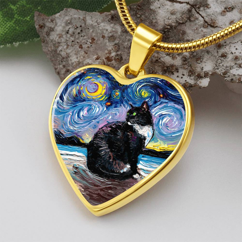 Tuxedo Cat with Green Eyes Starry Night Heart Necklace